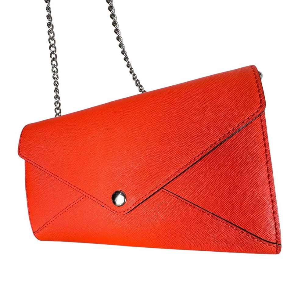 Rebecca Minkoff Envelope Crossbody Bag Neon Orange Saffiano Leather Silver Chic